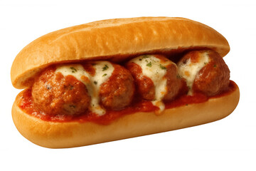 Meatball sub sandwich preparing with marinara sauce and melted cheese inside a long bread roll. Delicious italian american fast food on transparent background