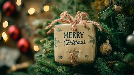 クリスマスツリーとたくさんのプレゼントが並ぶ冬の風景イラスト素材｜手描き風の装飾が温かみを感じさせる、クリスマスカードや年末年始の挨拶にぴったりなデザイン画像