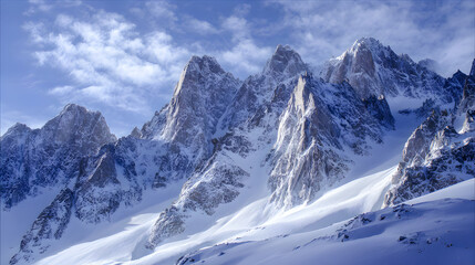 Obraz premium Snow-covered mountain peaks under a clear sky. Majestic snow-covered mountain peaks under clear blue sky in winter landscape. Adventure and travel photography.