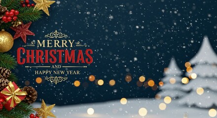 Festive Merry Christmas Background with Snowflakes, Gifts & Winter Tree Lights for Holiday Greetings