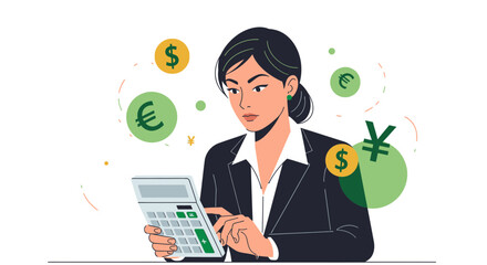 Professional Woman Calculating Foreign Exchange Rates With Various Currency Symbols