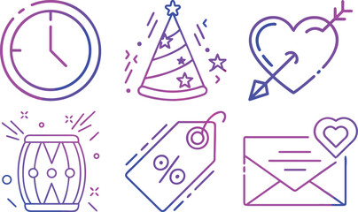 Vector art of collection of festive icons including a clock, party hat, heart with arrow, drum, discount tag, and envelope