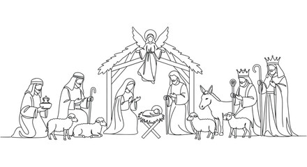 Obraz premium Nativity Scene with Angel, Shepherds, Magi, and Animals Christmas birth