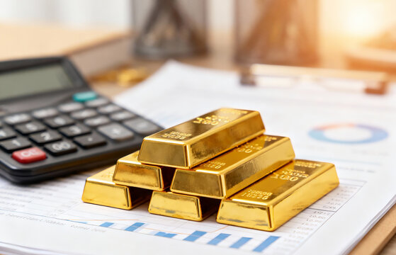 Stack of gold bars on financial chart documents, symbolizing investment in precious metals for wealth management and portfolio growth - Powered by Adobe