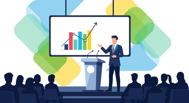 Business Presentation in Progress: Speaker Shares Data and Strategies to Inspire Growth - Powered by Adobe