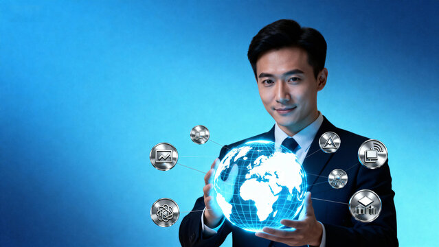 Man in suit with digital globe and icons