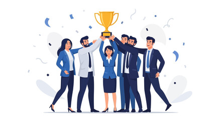 Team Celebrates Achievement: A Group Rejoices With Trophy, Symbolizing Success And Triumph