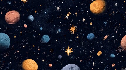 Fototapeta premium Colorful Cosmic Scene with Planets, Stars, and Astronaut in Space