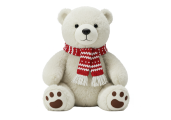 Adorable white teddy bear with festive red and white striped scarf  isolated on transparent png
