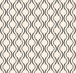 Seamless wavy pattern of lines. Black thin line pigtails seamless pattern on beige background. White modern vintage pattern. Vector illustration.
