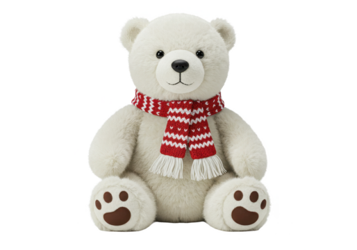 Adorable white teddy bear with festive red and white striped scarf  isolated on transparent png