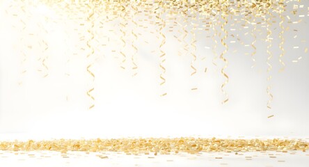 Gold Metallic Confetti Streamers Midair, Minimal Composition, Isolated on White
