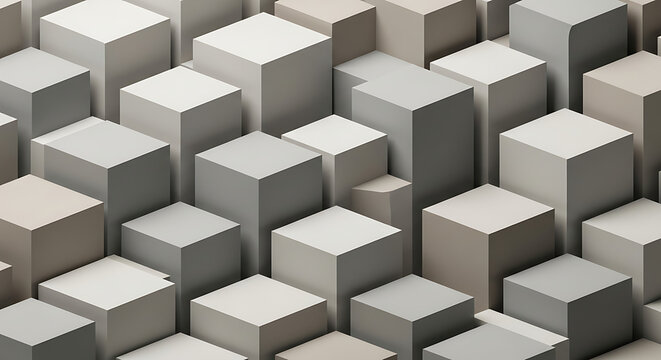 Abstract background featuring a dense, interlocking pattern of repeating 3D isometric cubes or boxes in a neutral, monochrome gray color. Ideal for technology, data, construction, or minimalist design