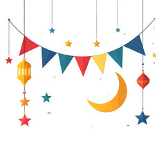 Festive Hanging Decorations with Crescent Moon Stars and Bunting in Red Yellow and Blue on White Background Celebratory Design