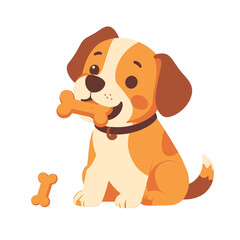 Cheerful Cartoon Puppy with Light and Dark Brown Fur Holding Bone on White Background with Another Bone Nearby in Bright Playful Colors
