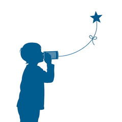Silhouette of a Young Boy Looking Through a Tin Can at a Star in a White Background