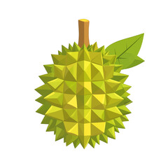 Stylized Durian Fruit Illustration with Geometric Spikes and Light Green Leaf on a White Background Detailed 3D Render of Tropical Produce