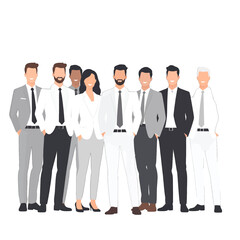 Diverse Group of Business Professionals Standing Together in Gray and White Attire on a White Background Cheerful Expression Corporate Team Success