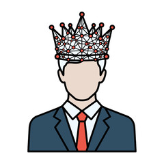 Man Wearing Crown With Dot Connected Lines Network Structure On White Background Representing Leadership Connectivity And Global Network Concept