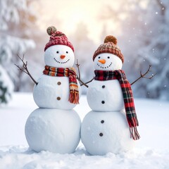 Fototapeta premium Two Happy Snowmen Couple in Matching Hats and Scarves