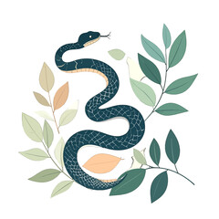 Stylized Dark Blue Serpent Among Foliage Branches in White Background Graphic Illustration
