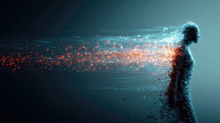 Digital human silhouette dissolving into data streams