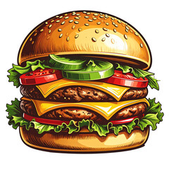Vintage style PNG vector of a retro burger illustration with textured poster effects, isolated on transparent background