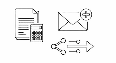 A set of line art icons representing accounting, new email, and sharing data.