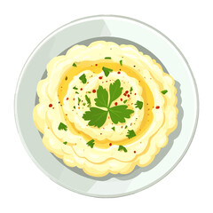 Overhead Close-Up of Fluffy Mashed Potatoes with Parsley on White Plate Light Yellow Color Food Photography