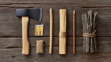 Campfire setup in wilderness with axe matches kindling and firewood arranged on rustic wooden surface