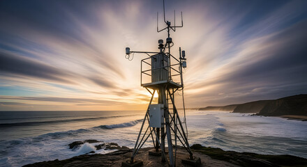 Coastal Weather Station Tower Sunset Scene Over Ocean and Cliff