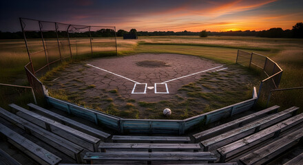 Fototapeta premium Empty Baseball Field During Sunset with Cracked Grass and Wooden Bleachers