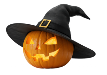 Spooky Halloween Pumpkin with Witch Hat  isolated on transparent png