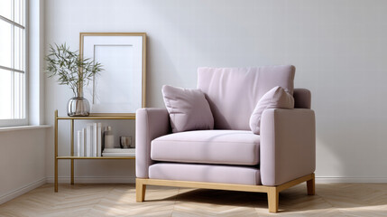 Naklejka premium Chic velvet chair in modern room with soft cushions and elegant decor creates cozy inviting atmosphere by window