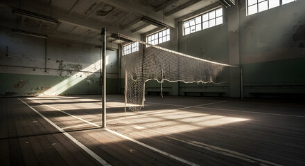Empty Indoor Volleyball Court with Natural Light Streaming Through Large Windows