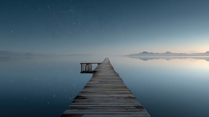 Fototapeta premium Serene Dock at Dusk with Calm Water and Starry Sky Reflection