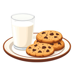 Pixel Art Style Still Life Composition of Milk and Chocolate Chip Cookies Stacked on Plate with Brown Rim Isolated on White Background