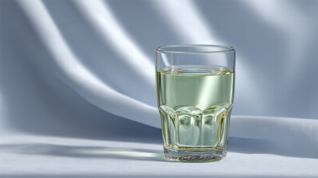 Clean water in clear glass on soft fabric background creates fresh theme for environmental ads and promotes purity and hydration
