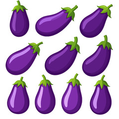 Collection of Pixelated Purple Eggplants with Green Stems on White Background