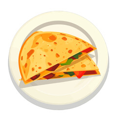 Delicious Crispy Tortilla Quesadilla with Melted Cheese and Colorful Vegetables on a White Plate in Bright Studio Lighting