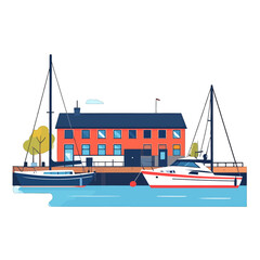 Boats Docked at Quayside Building with Blue Accents and Trees Flat Style Illustration on White Background