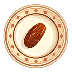 Isometric Date Fruit on Decorative White Plate with Brown Geometric Pattern in Still Life Arrangement for Food Illustration with Clean Soft Lighting