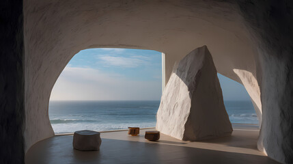 Interior with a view of the sea and sky through arched openings with sculptural rock elements