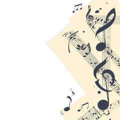 Cream Background with Antique Style Black Music Notes and Staff on Overlapping Parchment Paper for Musical Theme Creative Projects