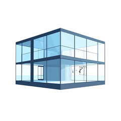 Modern Two Story Office Building with Glass Windows and Blue Trim on a White Background Architecture Render Minimalist and Geometric