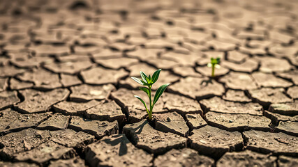 Multiple green seedlings growing through severely cracked drought soil