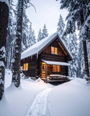 Fototapeta premium Cozy Cabin in Winter Wonderland - A Snowy Retreat.