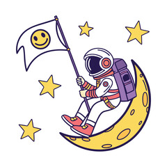 Colorful Cartoon Astronaut Sitting On Moon With Playful Design