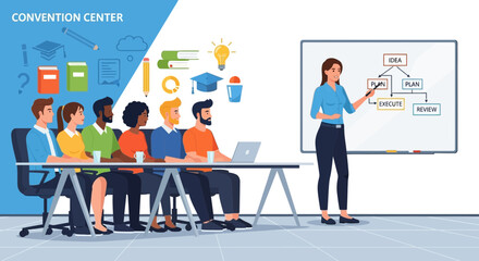 Fototapeta premium Conference Attendees Learning Business Strategies From Instructor During Presentation