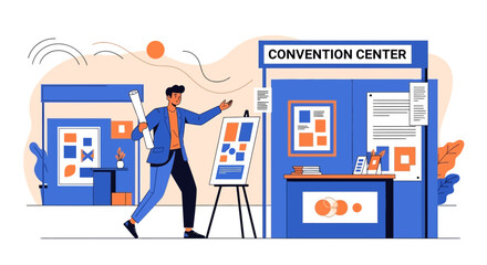 Conference Presenter Announcing Event in Convention Center with Exhibition Booths in Abstract Style